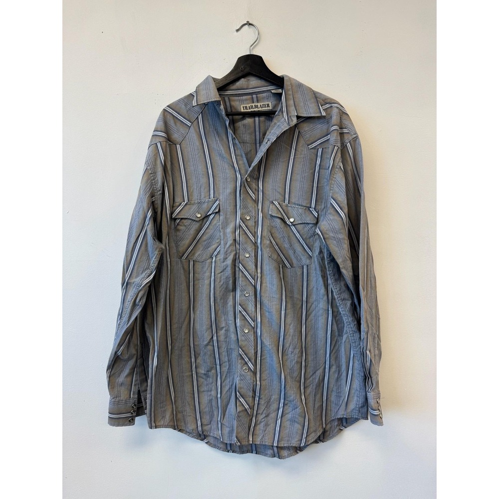 Trailblazer Shirt Mens LT‎ Blue Stripe Western Pearl Snap Cowboy Long Sleeve